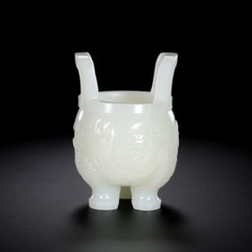 Chinese Qing Dynasty Hetian white jade double-handled tripod censer
