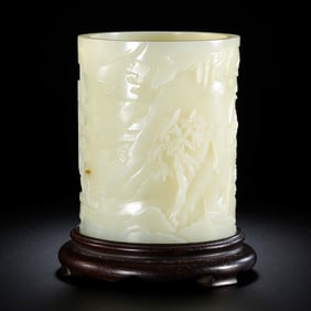 Chinese Qing Dynasty Hetian White Jade Carved Brush Holder