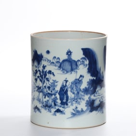 Chinese Qing Dynasty Blue and White Character Story Brush Holder