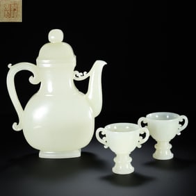 A set of Hetian white jade ewers and wine cups from the Qing Dynasty, China