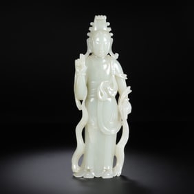 Chinese Qing Dynasty Hetian white jade standing Guanyin statue