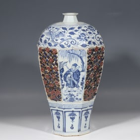 Chinese Yuan Dynasty Blue and White Underglaze Red Plum Vase with Figures and Stories