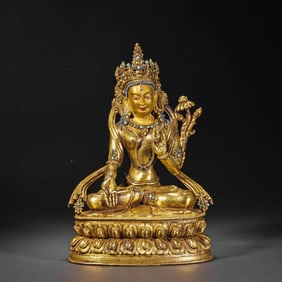 A Chinese Qing Dynasty gilt bronze statue of a seated Buddha