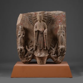 Chinese Northern Wei Dynasty bluestone painted standing Buddha statue