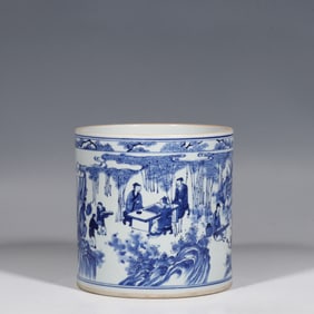 Chinese Qing Dynasty Blue and White Figure Story Brush Holder