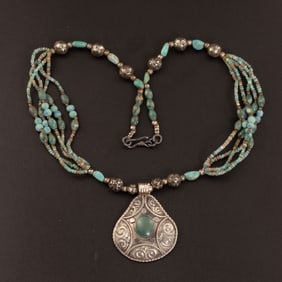 Nepalese Art Hand Made Silver Pendant With Turquoise Beads Necklace