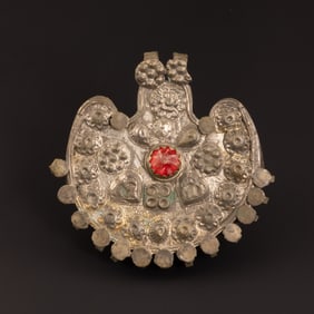 Antique Middle Eastern Asian Silver Pendant with Red Glass [6 x 6cm, 28gram]