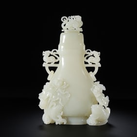 Chinese Qing Dynasty Hetian white jade double-ring ear cover vase