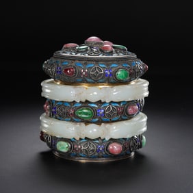 Chinese Qing Dynasty Tibetan silver inlaid gemstone covered jar