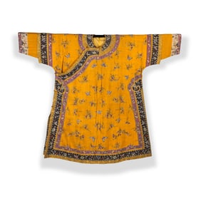 Chinese Qing Dynasty Yellow Satin Women's Robe with Butterfly Pattern