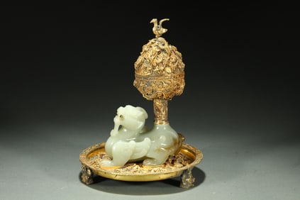 Chinese Han Dynasty Silver Gilded Hetian Jade Incense Burner