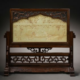 Chinese Qing Dynasty Huanghuali wood inlaid jade screen