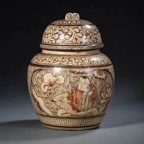 A Chinese Northern Song Dynasty Cizhou kiln covered jar with black figures and stories on a white