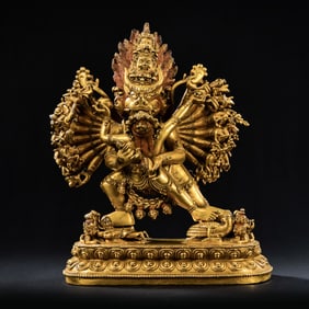 A Chinese Ming Dynasty gilt-bronze standing figure of Yamantaka