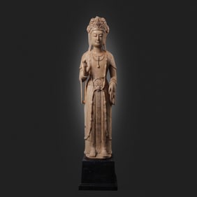 Chinese Tang Dynasty white marble standing Guanyin statue