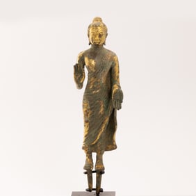 Antique Gilt Bronze Dvaravati Style Standing Buddha Statue [24 x 6cm, 982gram]