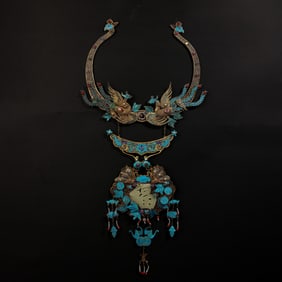 Chinese Qing Dynasty silver gilt jadeite inlaid gemstone necklace