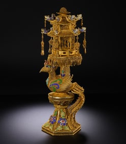 Chinese Qing Dynasty Silver Gilded Phoenix Pagoda Ornament