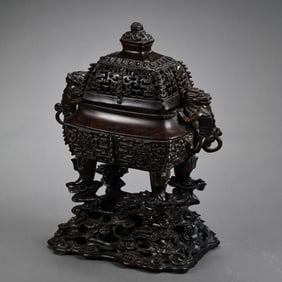Chinese Qing Dynasty rosewood double-handled square-covered censer