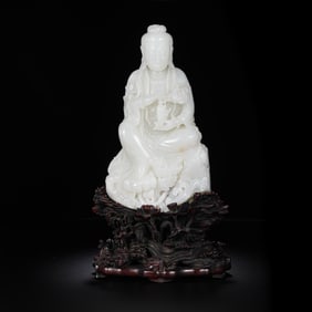 Chinese Qing Dynasty White Jade Buddha Seated Statue