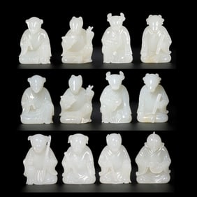 A group of Chinese Qing Dynasty Hetian white jade portraits of the twelve zodiac animals