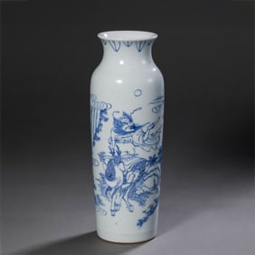 Chinese Qing Dynasty Blue and White Elephant Leg Vase with Figures and Stories
