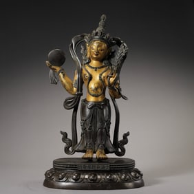 A partially gilded bronze six-stage Buddha statue from the Qianlong period of the Qing Dynasty,