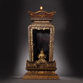Chinese Qing Dynasty lacquerware gilt Buddhist niche and bronze gilt Buddha statue