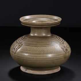 Yue kiln celadon three-paned plate-mouthed vase, Chinese Southern and Northern Dynasties