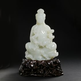 Chinese Qing Dynasty Hetian white jade seated Buddha statue