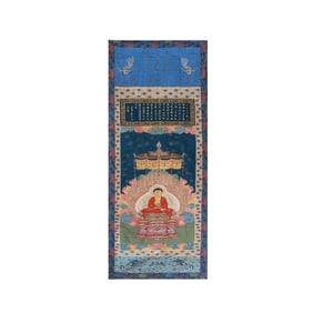 Chinese Qing Dynasty kesi silk statue of Sakyamuni Buddha inscribed by Emperor Qianlong