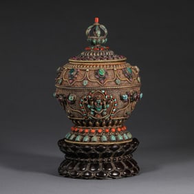 Chinese Qing Dynasty Tibetan silver inlaid gemstone covered jar