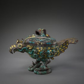 Chinese Warring States Period, covered censer with inlaid gold and silver phoenix pattern