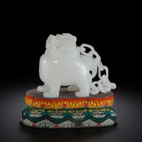 Chinese Qing Dynasty Hetian white jade chain lion incense burner