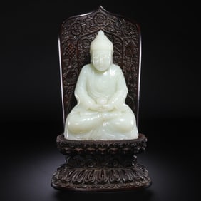 Chinese Qing Dynasty Hetian white jade seated Buddha statue