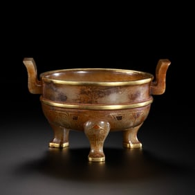 Chinese Han Dynasty gold-inlaid double-handled tripod censer