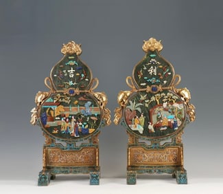 A pair of Chinese Qing Dynasty cloisonné screens inlaid with multi-treasure gourds
