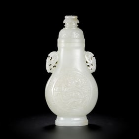 Chinese Qing Dynasty Hetian white jade double-eared cover vase