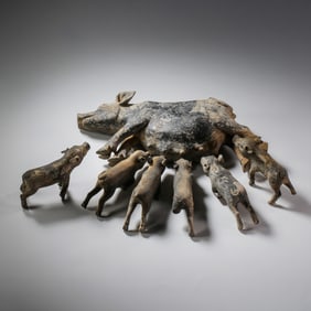 A set of Chinese Han Dynasty black pottery pigs