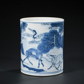Chinese Qing Dynasty blue and white brush holder