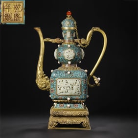 Chinese Qing Dynasty Qianlong period cloisonné inlaid Hetian white jade pot