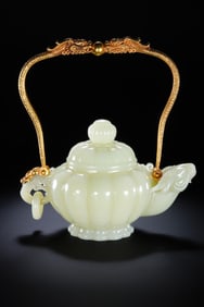 Chinese Qing Dynasty Hetian white jade sheep head handle pot
