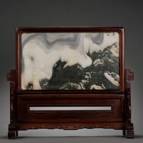Chinese Qing Dynasty rosewood inlaid marble screen