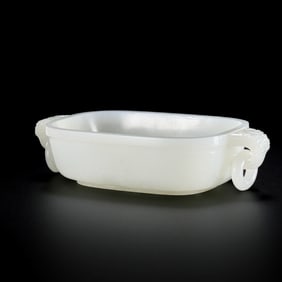Chinese Qing Dynasty Hetian white jade washbasin with double-ring ears and dragon pattern
