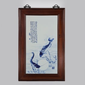 Blue and white porcelain panel painting by Wang Bu, a 20th-century Chinese art master