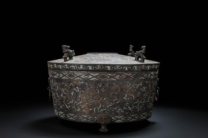 Chinese Warring States Period gold and silver inlaid tripod covered censer with double ring ears