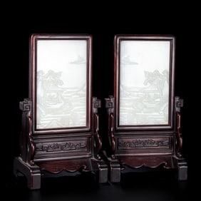 A pair of Chinese Qing Dynasty rosewood and Hetian white jade screens