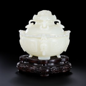 Chinese Qing Dynasty Hetian white jade three-legged covered incense burner with ring handles