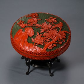 Chinese Qing Dynasty carved lacquer round box with floral pattern