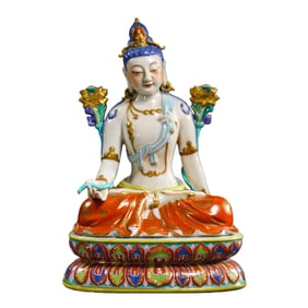 Chinese Qing Dynasty Famille Rose Seated Buddha Statue